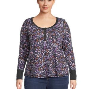 Terry & Sky Women’s Plus Size Long Sleeve Henley Thermal Waffle Tee 1x Floral